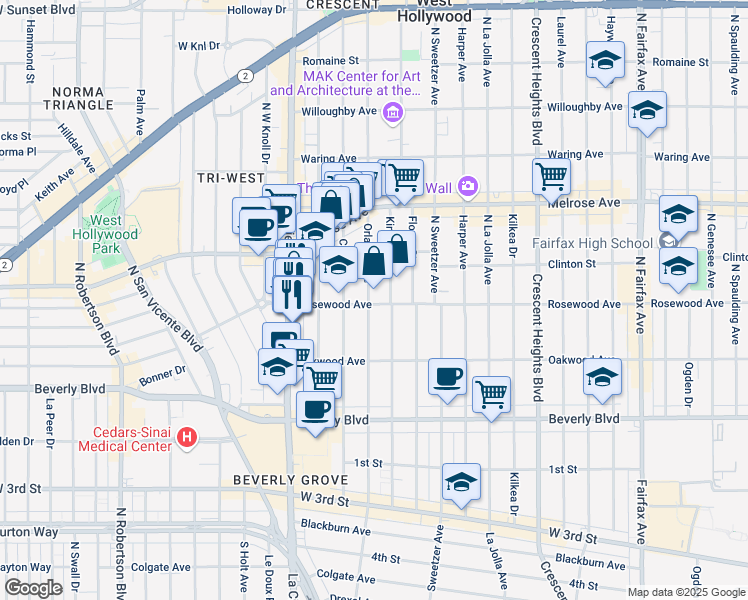 map of restaurants, bars, coffee shops, grocery stores, and more near 500 North Orlando Avenue in West Hollywood