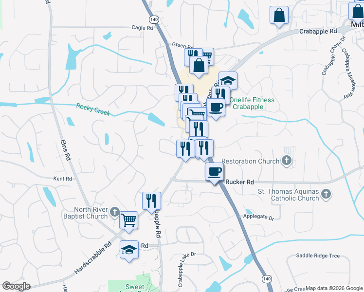 map of restaurants, bars, coffee shops, grocery stores, and more near 304 Sweet Apple Circle in Alpharetta