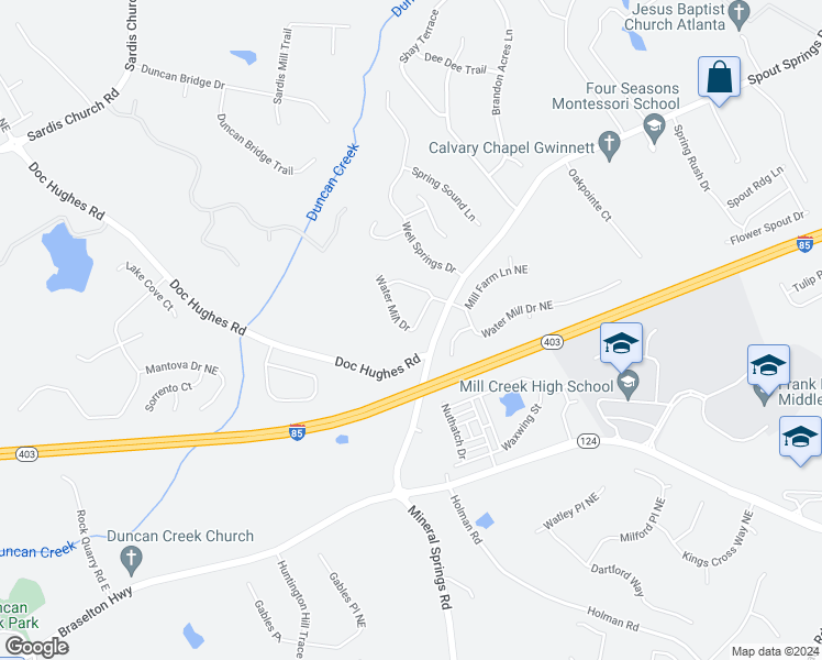 map of restaurants, bars, coffee shops, grocery stores, and more near 4156 Water Mill Drive in Buford