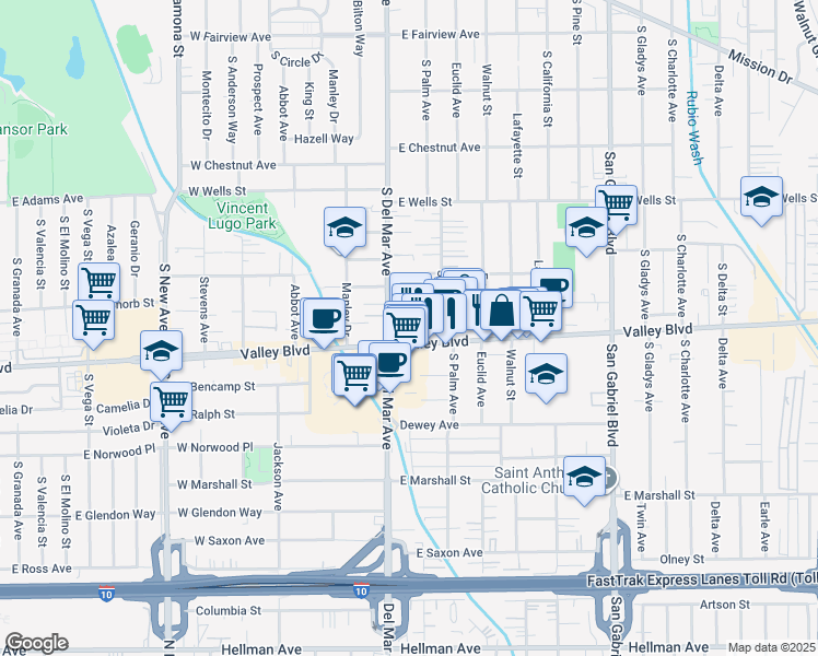 map of restaurants, bars, coffee shops, grocery stores, and more near 205 East Valley Boulevard in San Gabriel