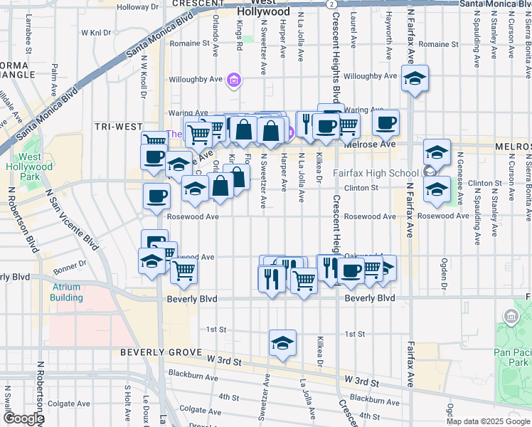 map of restaurants, bars, coffee shops, grocery stores, and more near 465 North Harper Avenue in Los Angeles