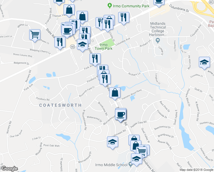 map of restaurants, bars, coffee shops, grocery stores, and more near 7180 Saint Andrews Road in Columbia