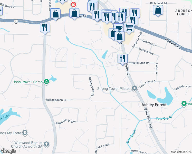 map of restaurants, bars, coffee shops, grocery stores, and more near 5283 Ferry Creek Ln in Acworth