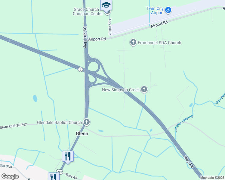 map of restaurants, bars, coffee shops, grocery stores, and more near 250 Noble Road in Loris