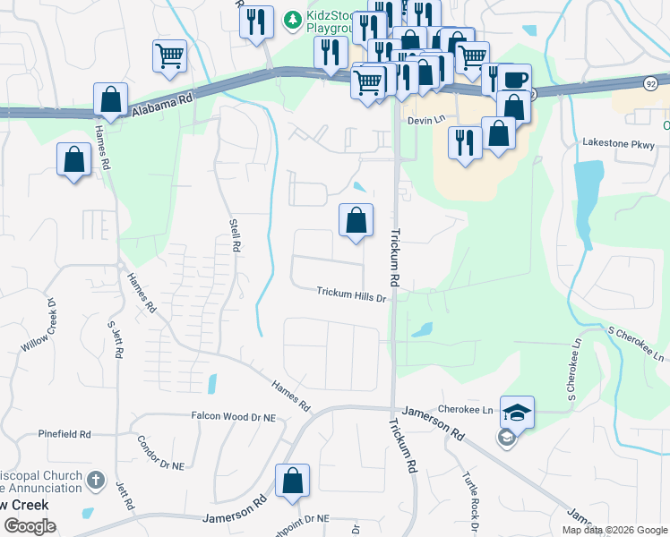 map of restaurants, bars, coffee shops, grocery stores, and more near 212 Trickum Hills Lane in Woodstock