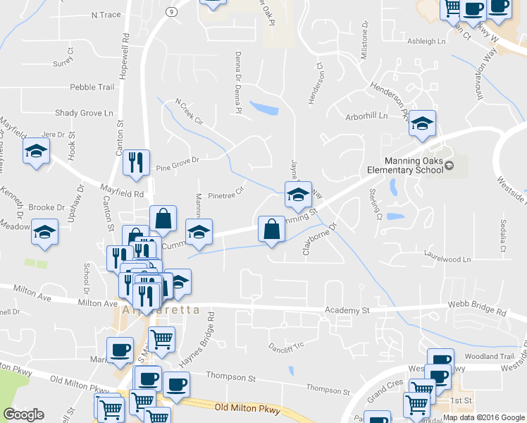 map of restaurants, bars, coffee shops, grocery stores, and more near 155 Cold Creek Drive in Alpharetta