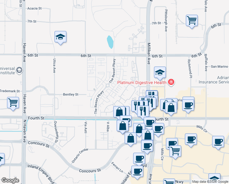 map of restaurants, bars, coffee shops, grocery stores, and more near 11016 Getaway Drive in Rancho Cucamonga