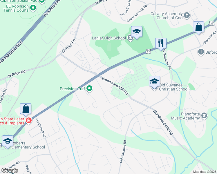 map of restaurants, bars, coffee shops, grocery stores, and more near 4298 Woodward Mill Road in Sugar Hill