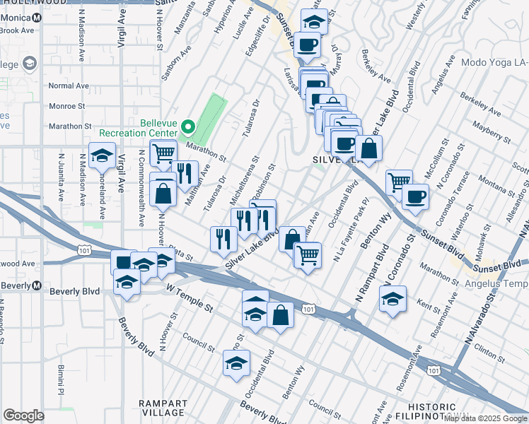 map of restaurants, bars, coffee shops, grocery stores, and more near 705 North Dillon Street in Los Angeles