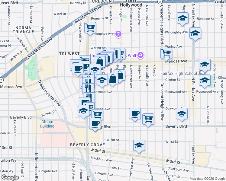 map of restaurants, bars, coffee shops, grocery stores, and more near 469 North Kings Road in Los Angeles