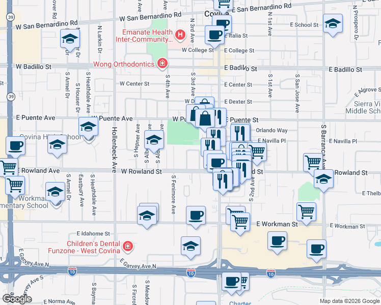map of restaurants, bars, coffee shops, grocery stores, and more near 538 South Calvados Avenue in Covina