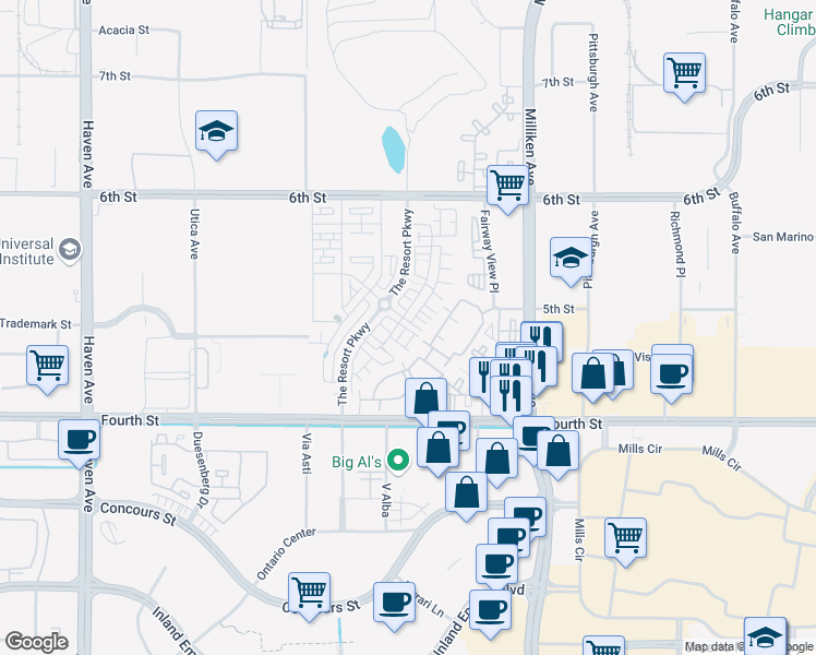 map of restaurants, bars, coffee shops, grocery stores, and more near 11034 Getaway Drive in Rancho Cucamonga