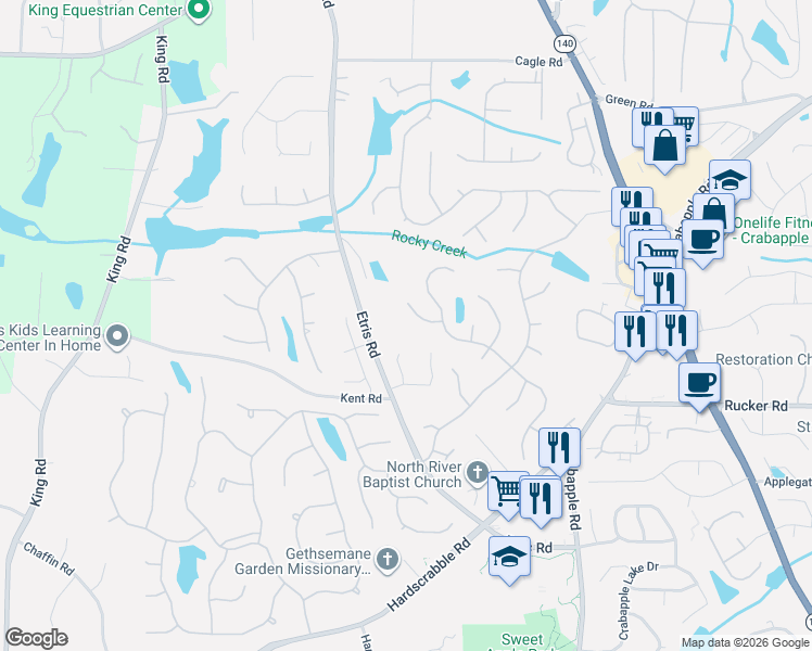 map of restaurants, bars, coffee shops, grocery stores, and more near 340 Summer Shade Lane in Roswell