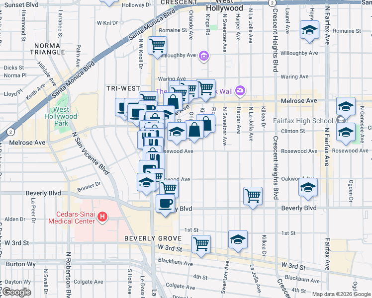 map of restaurants, bars, coffee shops, grocery stores, and more near 8415 Rosewood Avenue in Los Angeles