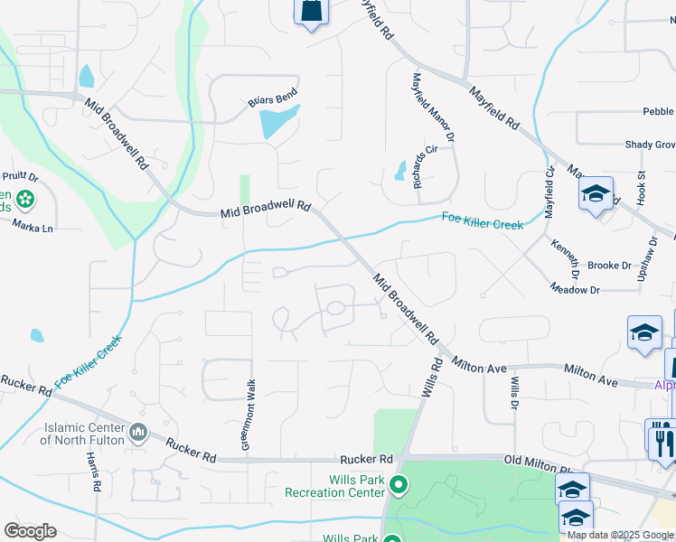 map of restaurants, bars, coffee shops, grocery stores, and more near 3034 Steeplechase Drive in Alpharetta