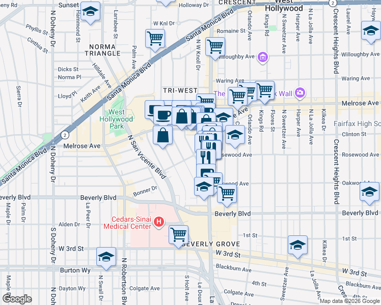 map of restaurants, bars, coffee shops, grocery stores, and more near 509 Westmount Drive in West Hollywood