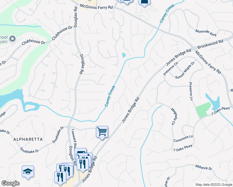 map of restaurants, bars, coffee shops, grocery stores, and more near 12350 Stevens Creek Drive in Alpharetta