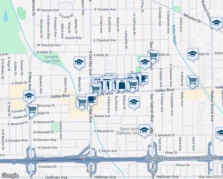 map of restaurants, bars, coffee shops, grocery stores, and more near 309E East Valley Boulevard in San Gabriel