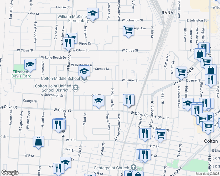 map of restaurants, bars, coffee shops, grocery stores, and more near 1245 North Norman Road in Colton