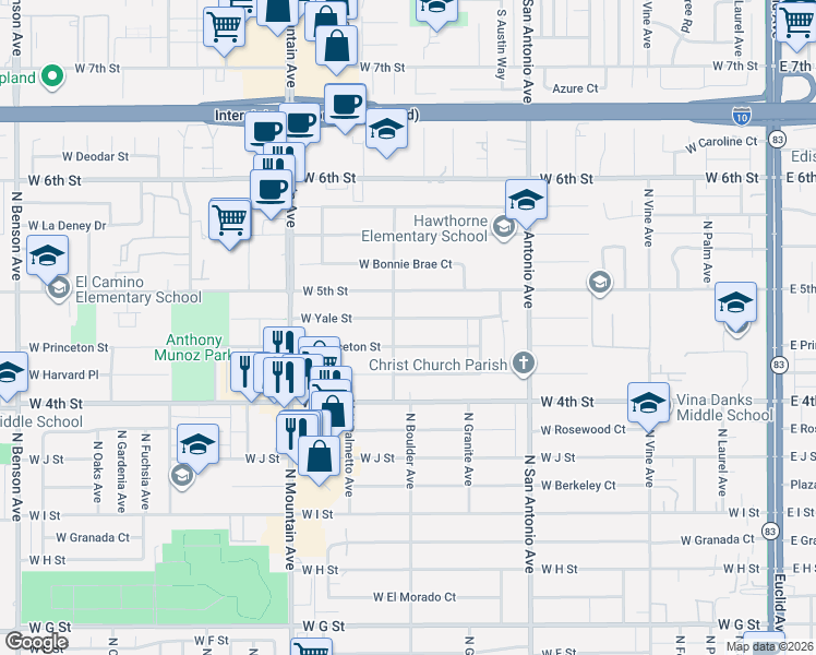 map of restaurants, bars, coffee shops, grocery stores, and more near 914 West Princeton Street in Ontario