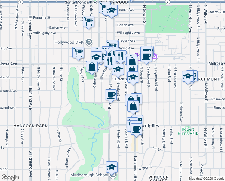 map of restaurants, bars, coffee shops, grocery stores, and more near 535 North Rossmore Avenue in Los Angeles