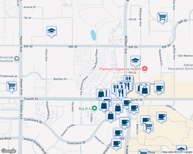 map of restaurants, bars, coffee shops, grocery stores, and more near 11034 Getaway Drive in Rancho Cucamonga