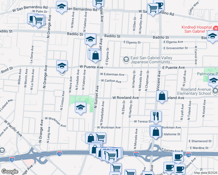 map of restaurants, bars, coffee shops, grocery stores, and more near 541 North Broadmoor Avenue in West Covina