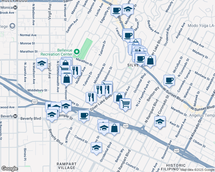 map of restaurants, bars, coffee shops, grocery stores, and more near 705 North Dillon Street in Los Angeles