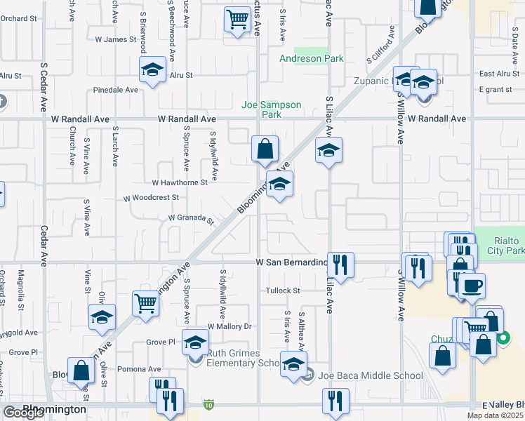 map of restaurants, bars, coffee shops, grocery stores, and more near 1173 South Cactus Avenue in Rialto
