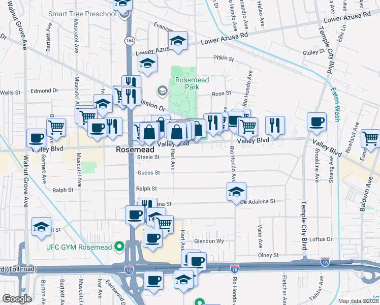 map of restaurants, bars, coffee shops, grocery stores, and more near 9246 Steele Street in Rosemead