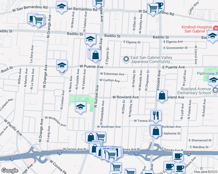map of restaurants, bars, coffee shops, grocery stores, and more near 531 North Broadmoor Avenue in West Covina