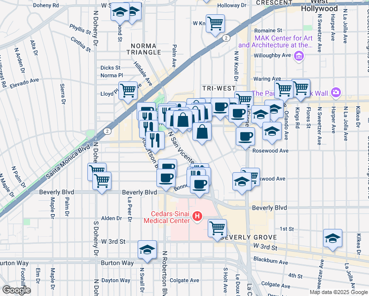 map of restaurants, bars, coffee shops, grocery stores, and more near 508 North San Vicente Boulevard in West Hollywood