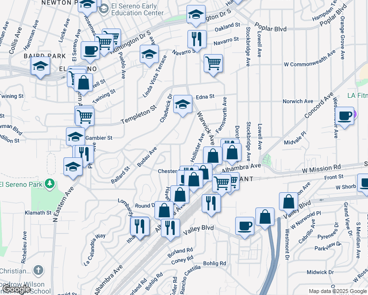map of restaurants, bars, coffee shops, grocery stores, and more near 3106 Vaquero Avenue in Los Angeles