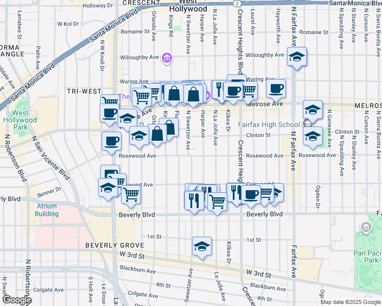 map of restaurants, bars, coffee shops, grocery stores, and more near 465 North Harper Avenue in Los Angeles
