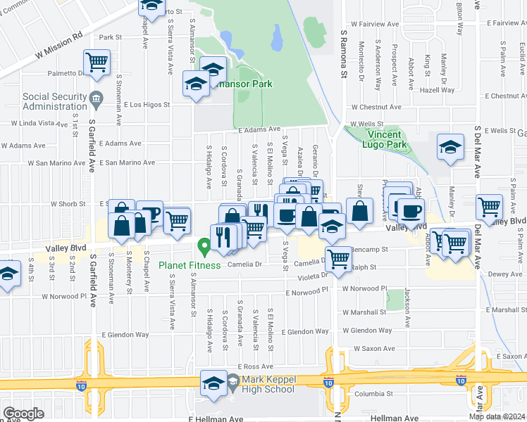 map of restaurants, bars, coffee shops, grocery stores, and more near 999 East Valley Boulevard in Alhambra