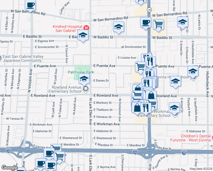 map of restaurants, bars, coffee shops, grocery stores, and more near 528 North Butterfield Road in West Covina