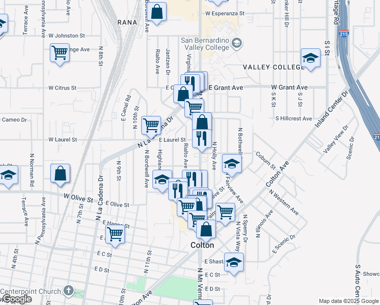 map of restaurants, bars, coffee shops, grocery stores, and more near Rialto Avenue in Colton