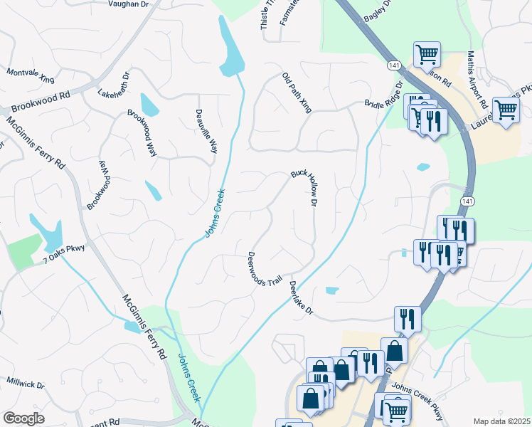 map of restaurants, bars, coffee shops, grocery stores, and more near 5975 Deerwoods Trail in Alpharetta