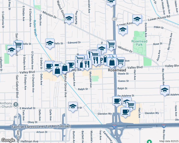 map of restaurants, bars, coffee shops, grocery stores, and more near 8757 Steele Street in Rosemead