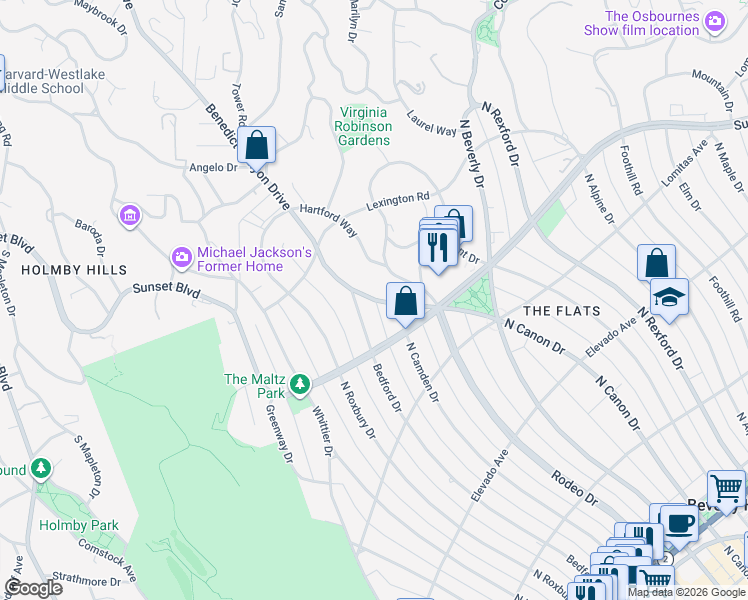 map of restaurants, bars, coffee shops, grocery stores, and more near 910 North Bedford Drive in Beverly Hills