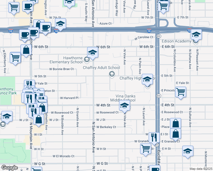 map of restaurants, bars, coffee shops, grocery stores, and more near 615 West Yale Street in Ontario