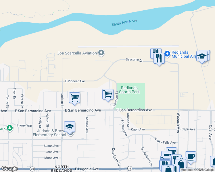 map of restaurants, bars, coffee shops, grocery stores, and more near 30 Cortez Street in Redlands
