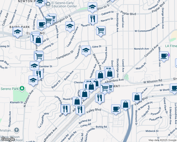 map of restaurants, bars, coffee shops, grocery stores, and more near 3110 Vaquero Avenue in Los Angeles