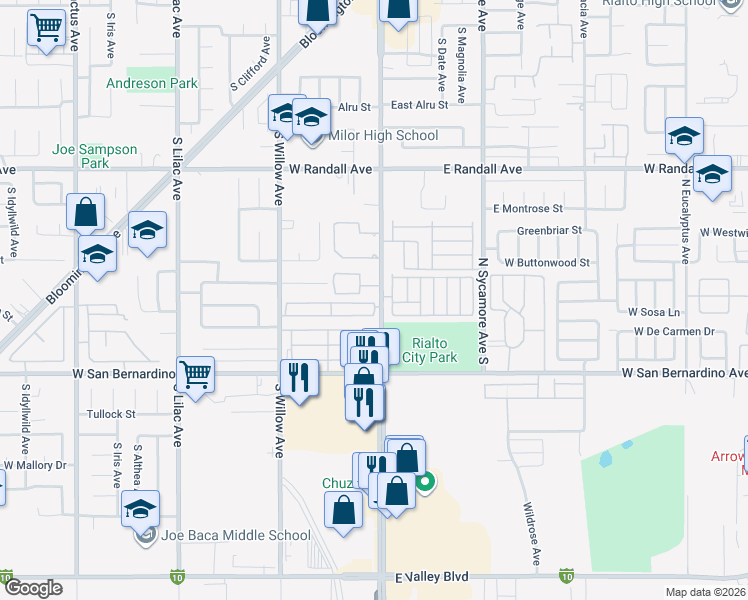 map of restaurants, bars, coffee shops, grocery stores, and more near 1118 South Riverside Avenue in Rialto