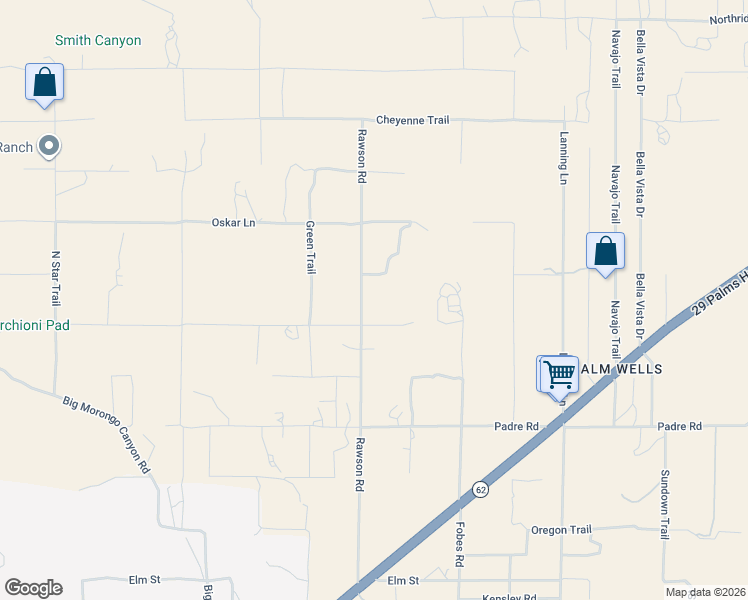 map of restaurants, bars, coffee shops, grocery stores, and more near 51136 Mecca Road in Morongo Valley