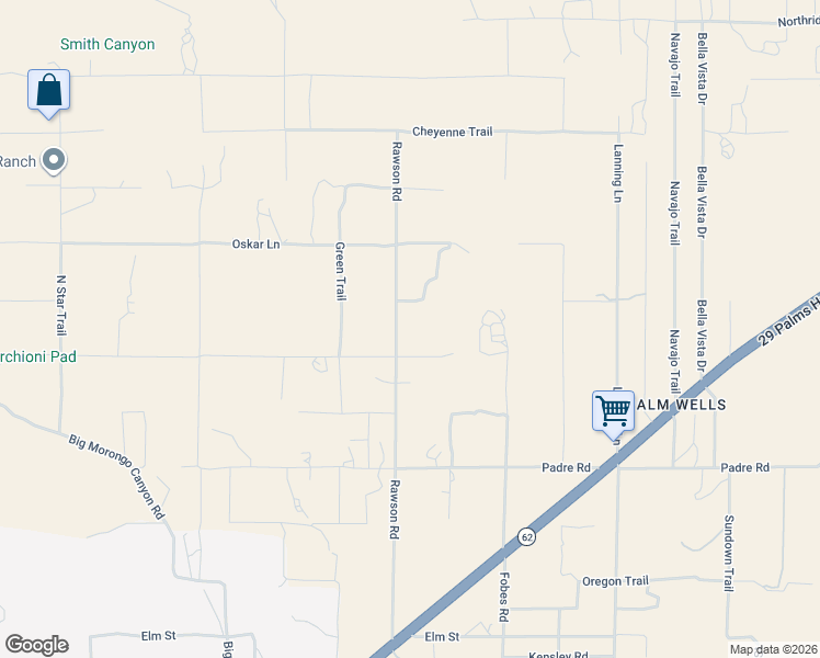map of restaurants, bars, coffee shops, grocery stores, and more near 51136 Mecca Road in Morongo Valley