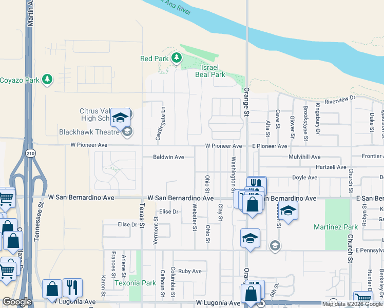 map of restaurants, bars, coffee shops, grocery stores, and more near 402 Baldwin Avenue in Redlands