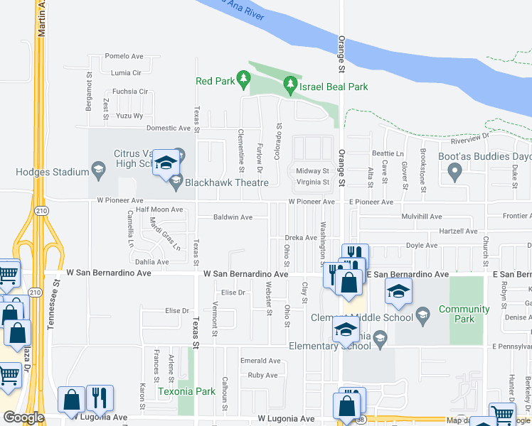 map of restaurants, bars, coffee shops, grocery stores, and more near 402 Baldwin Avenue in Redlands