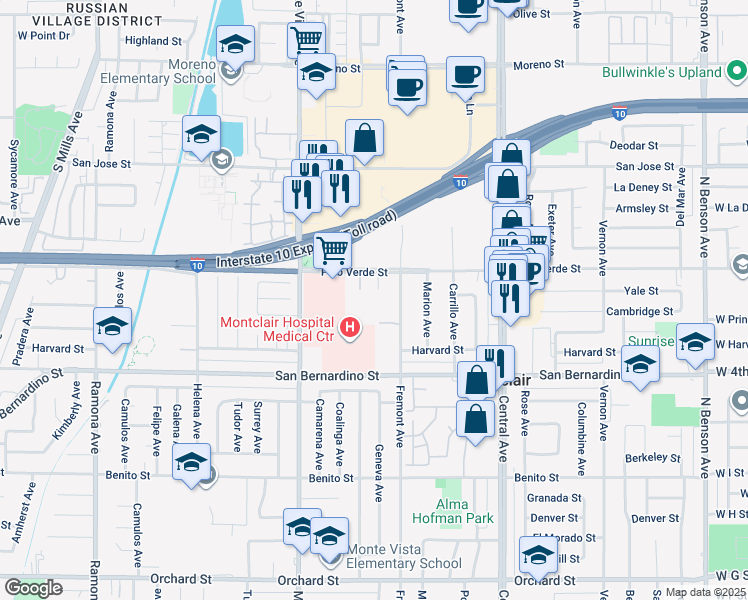 map of restaurants, bars, coffee shops, grocery stores, and more near 9550 Fremont Avenue in Montclair