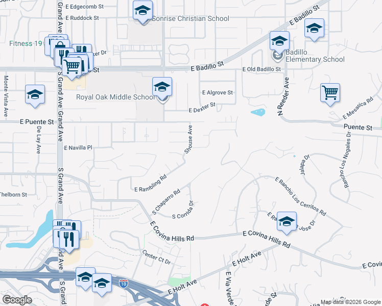 map of restaurants, bars, coffee shops, grocery stores, and more near 1400 East Rambling Road in Covina